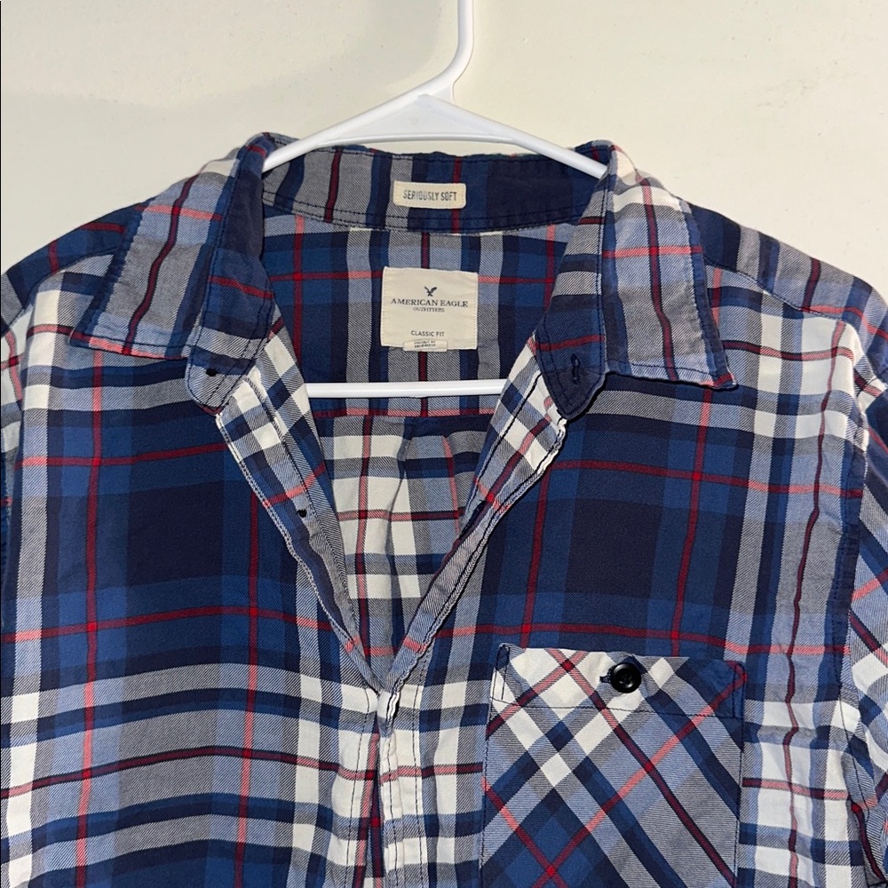 American Eagle Outfitters Navy and Red Plaid Shirt - Picture 2 of 5